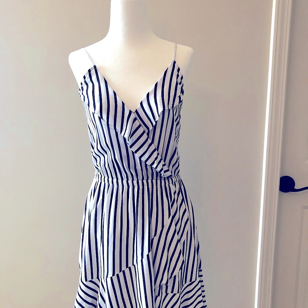 Express Navy Strip Ruffle Mini Dress, XS
